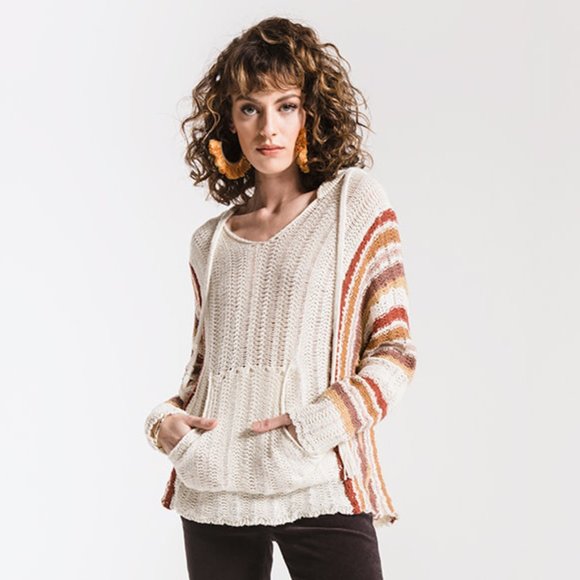 Others Follow Sweaters - Cozy Hooded Stripe Sleeve Cotton Pullover Sweater
